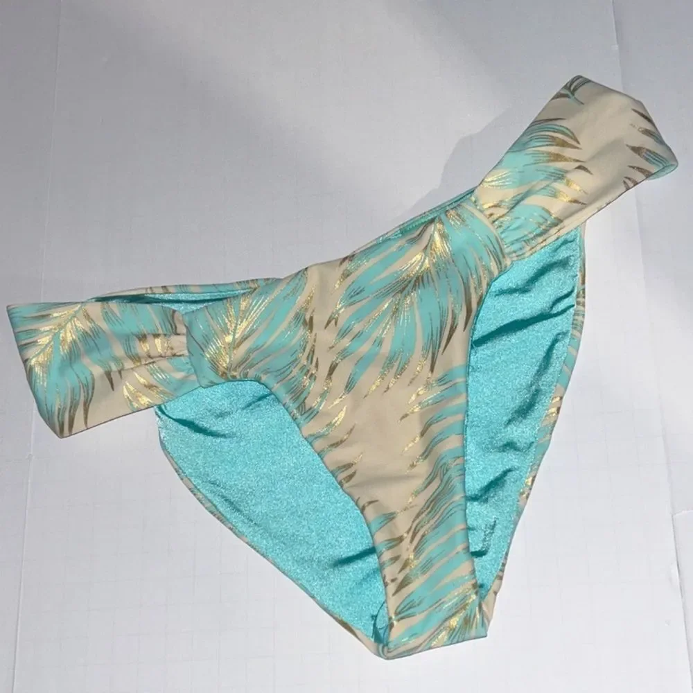 NWOT Beach Bunny Blue & Gold Tropical HalterNeck Keyhole Bikini Top & Bottom Set